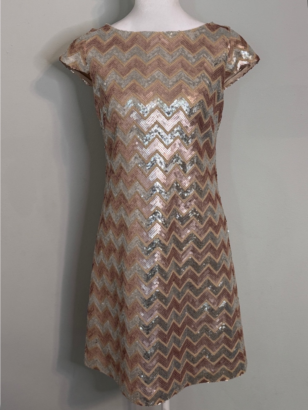 Vince Camuto Sequined Chevron Shift Dress in Rose, Silver, and Champagne 4